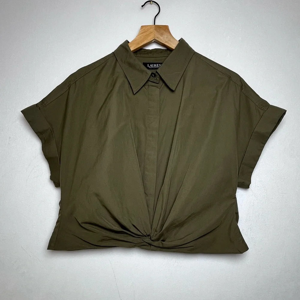 Lauren Ralph Lauren Women’s Olive Twist Front Crop Shirt Sz 14P Quiet Luxury - Picture 2 of 6